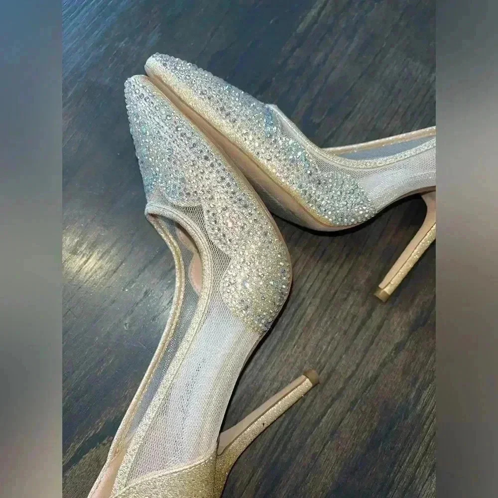 De‎ Blossom  Glitter Mesh Pointed Toe Stiletto Heels Wedding Evening Pumps - Picture 4 of 6